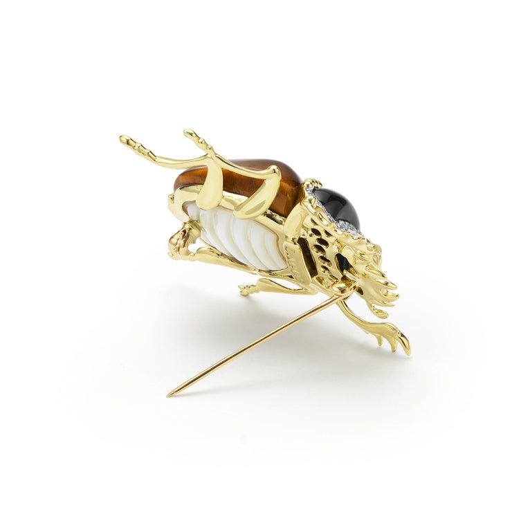 Rare Wonders 18K Gold Tigers Eye and Diamond Scarab Beetle Pin