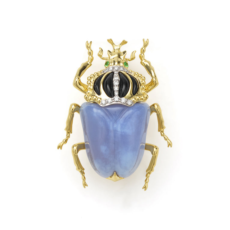 Rare Wonders 18K Gold Blue Chalcedony and Onyx Goliath Beetle Pin