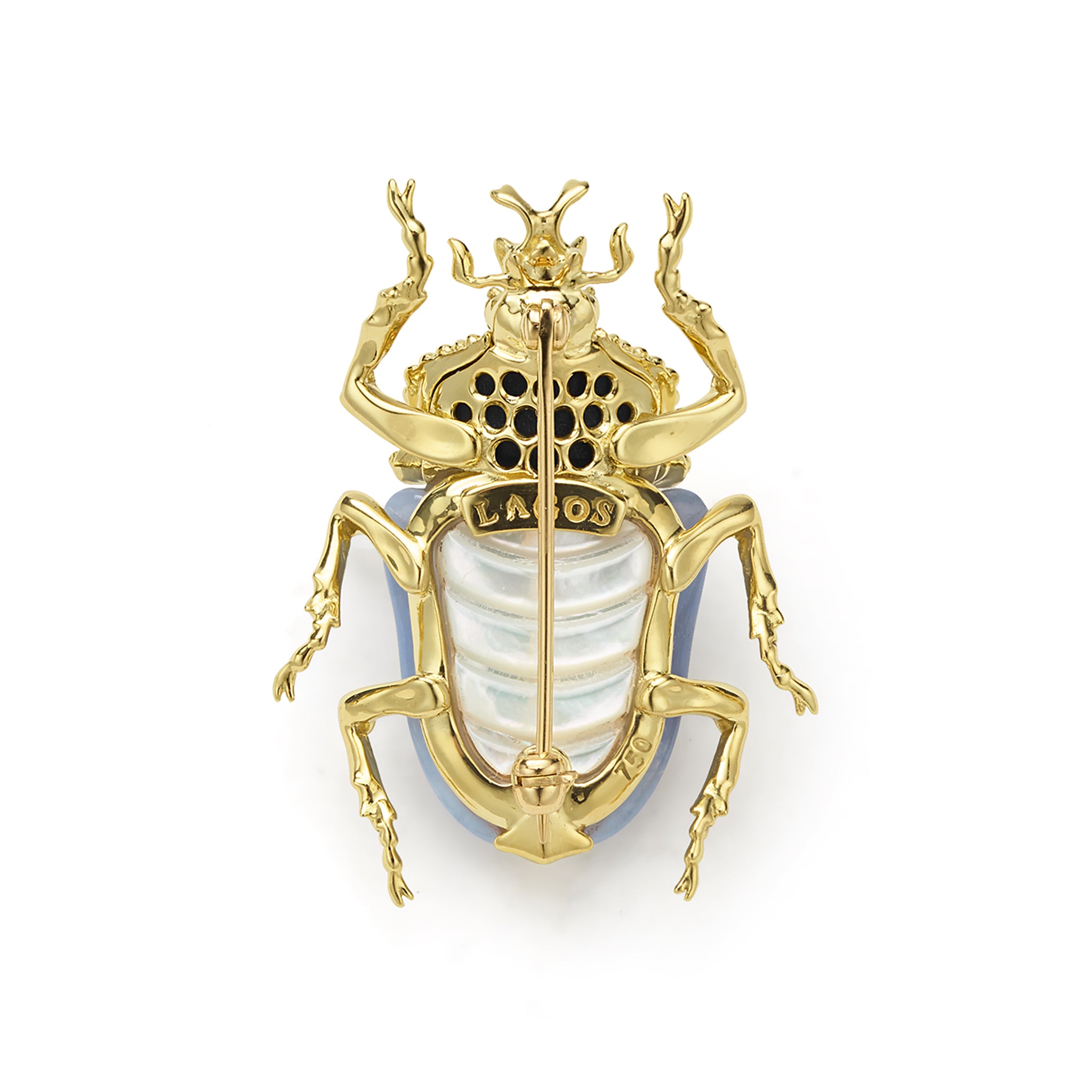 Rare Wonders 18K Gold Blue Chalcedony and Onyx Goliath Beetle Pin