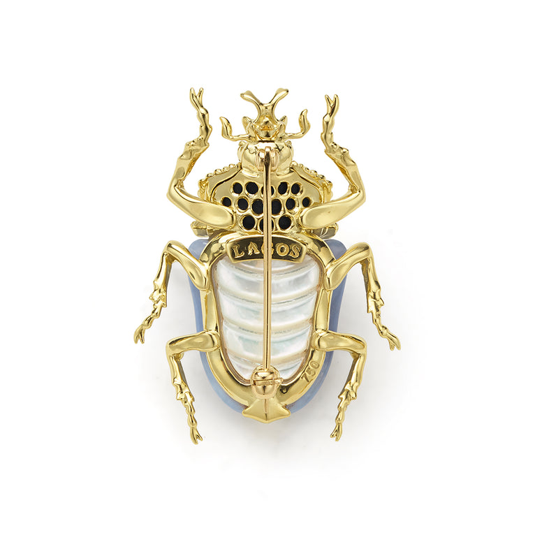 Rare Wonders 18K Gold Blue Chalcedony and Onyx Goliath Beetle Pin