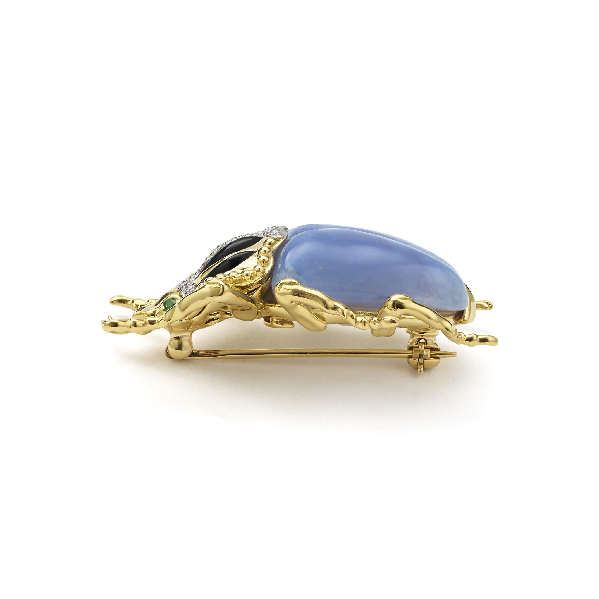 Rare Wonders 18K Gold Blue Chalcedony and Onyx Goliath Beetle Pin