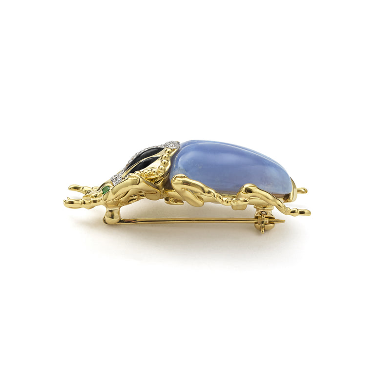Rare Wonders 18K Gold Blue Chalcedony and Onyx Goliath Beetle Pin
