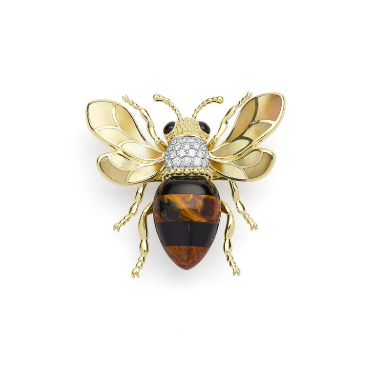 Rare Wonders 18K Gold Pietersite and Diamond Bee Pin