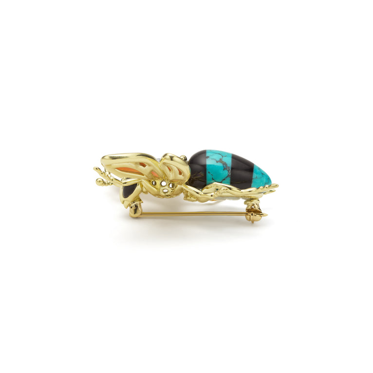 Rare Wonders 18K Gold Turquoise and Onyx Honeybee Pin