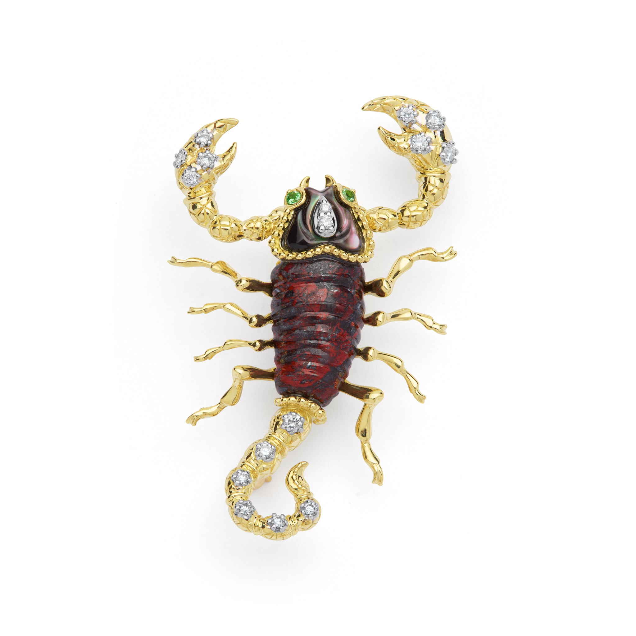 Rare Wonders 18k Gold Iddingsite and Diamond Scorpion Pin
