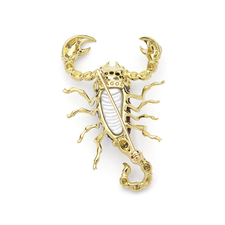 Rare Wonders 18k Gold Iddingsite and Diamond Scorpion Pin