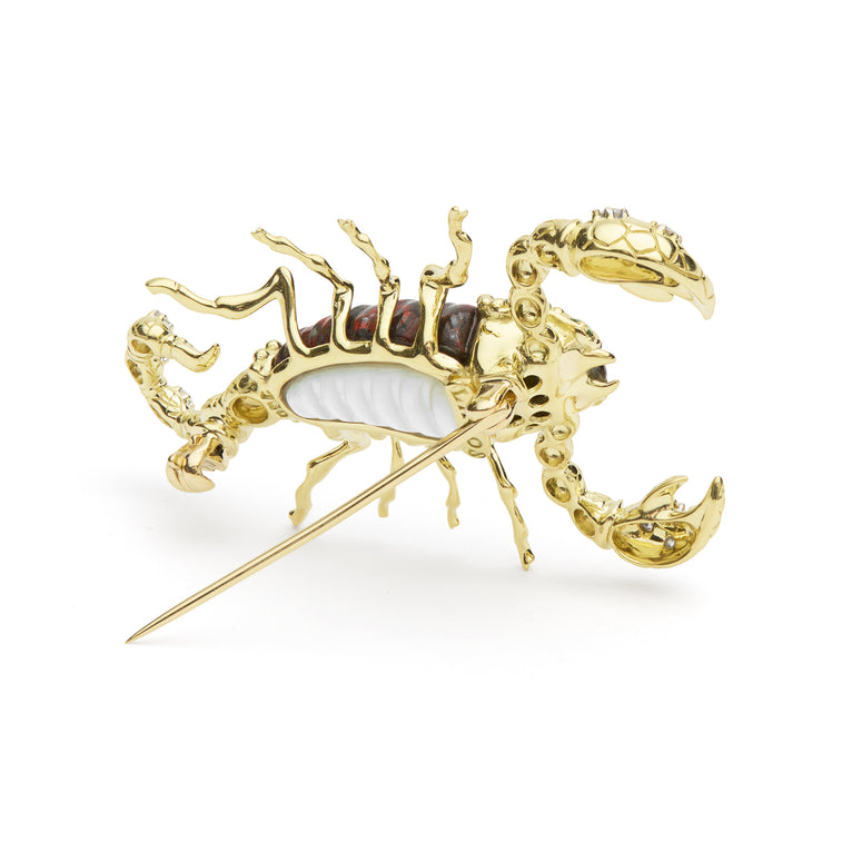 Rare Wonders 18k Gold Iddingsite and Diamond Scorpion Pin