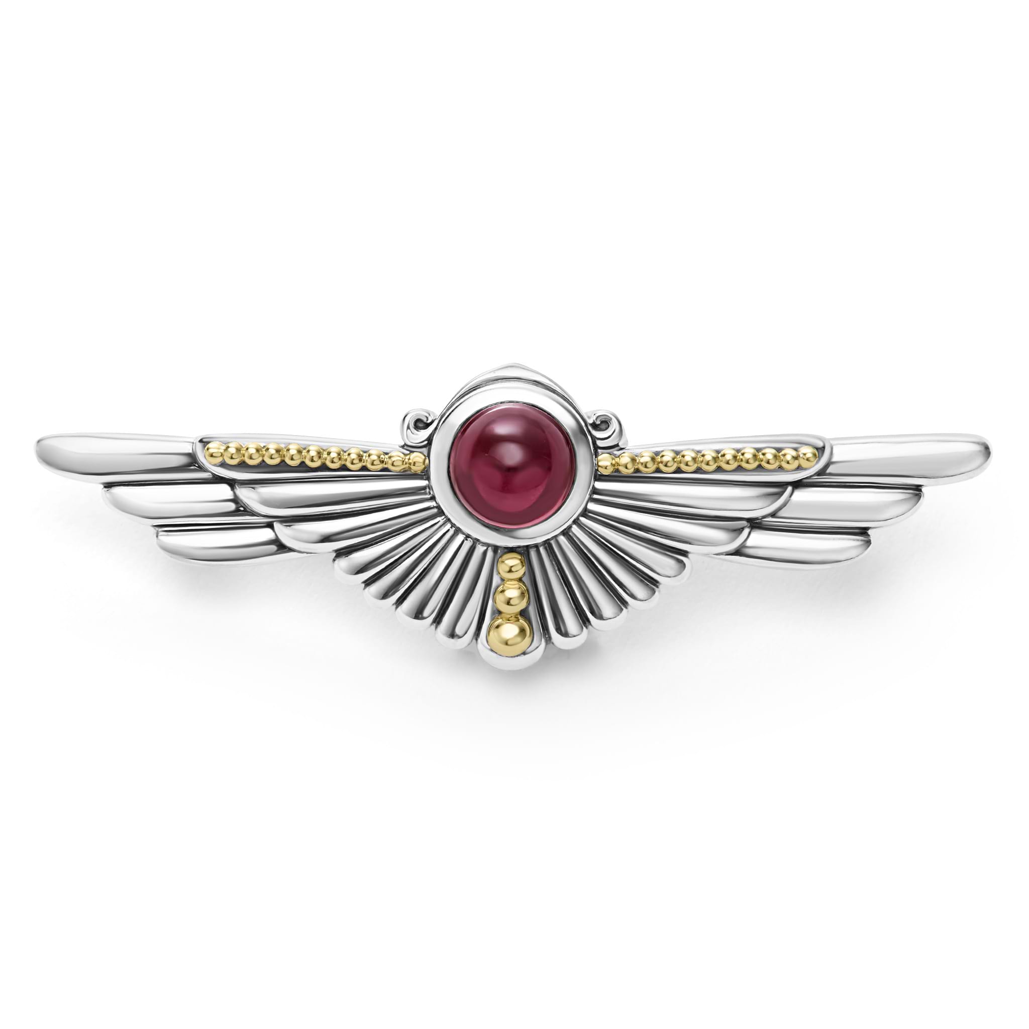 Rhodolite garnet gemstone and sterling silver accented by 18K gold Caviar beading forms this wing statement pin.