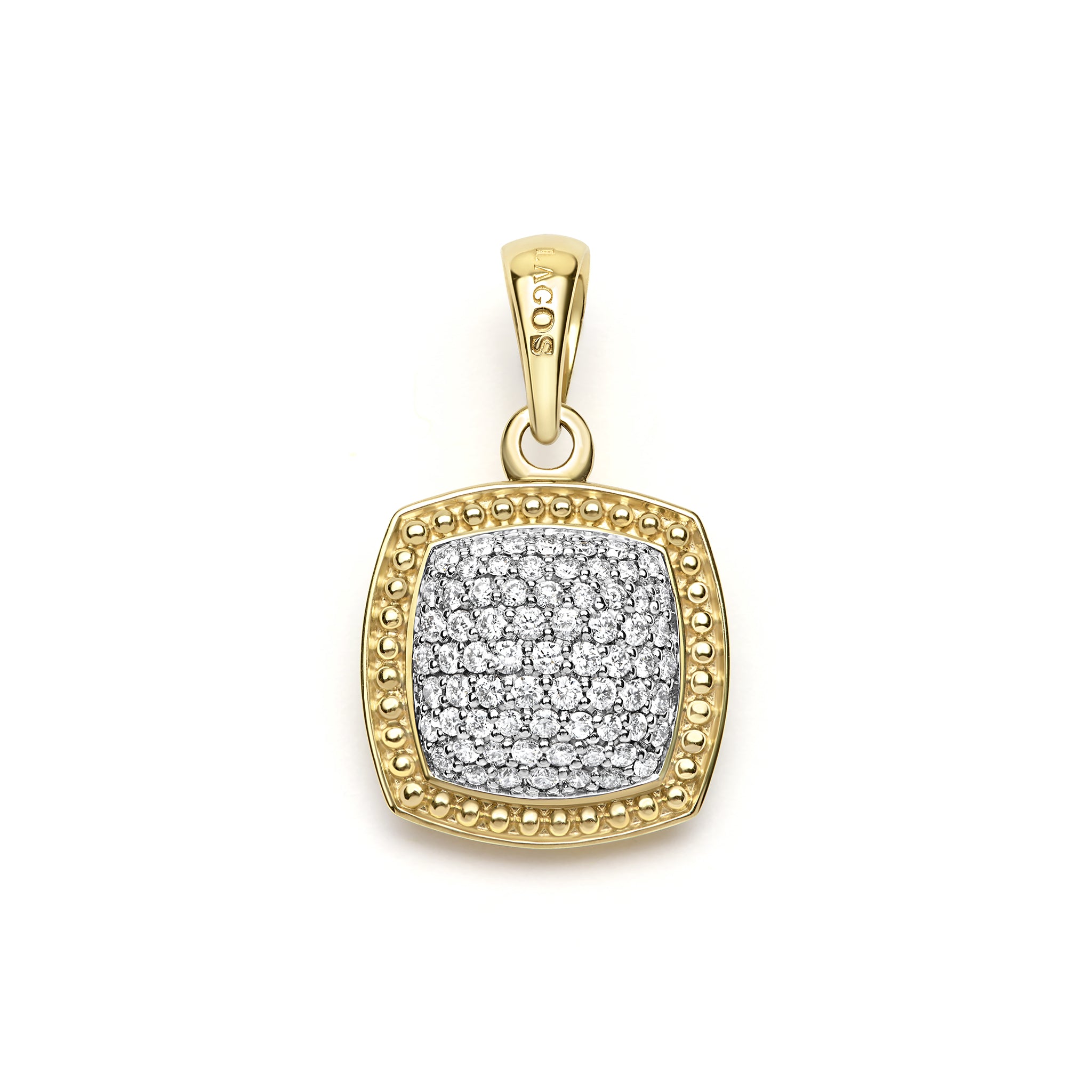 Gold pendant with diamond stones on a white background