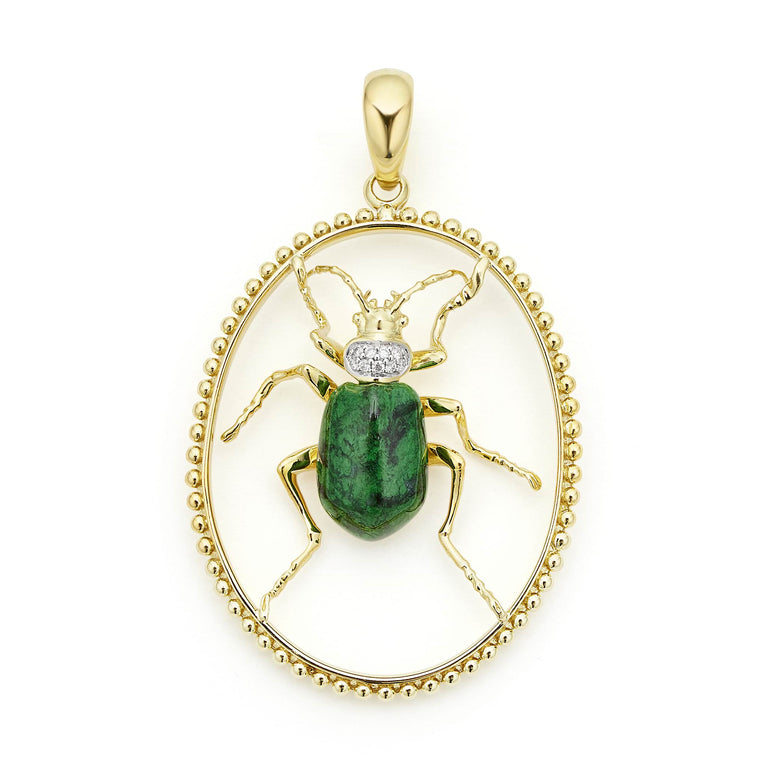 Jade with diamond and smooth 18K gold form this beetle pendant.