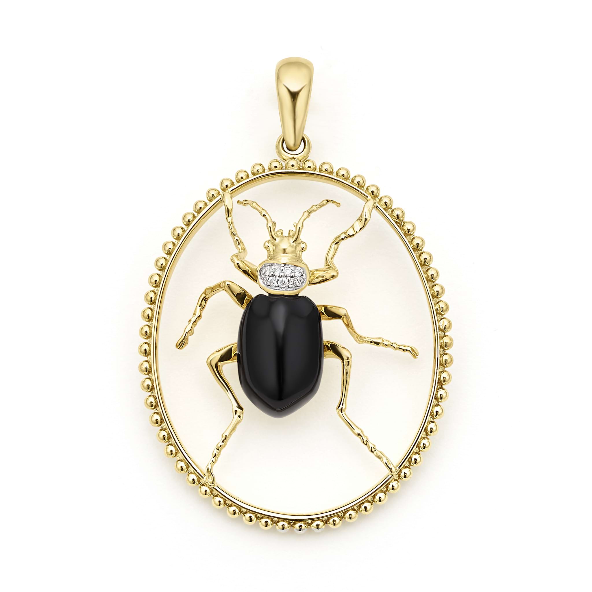 Onyx with diamond and smooth 18K gold form this beetle pendant.