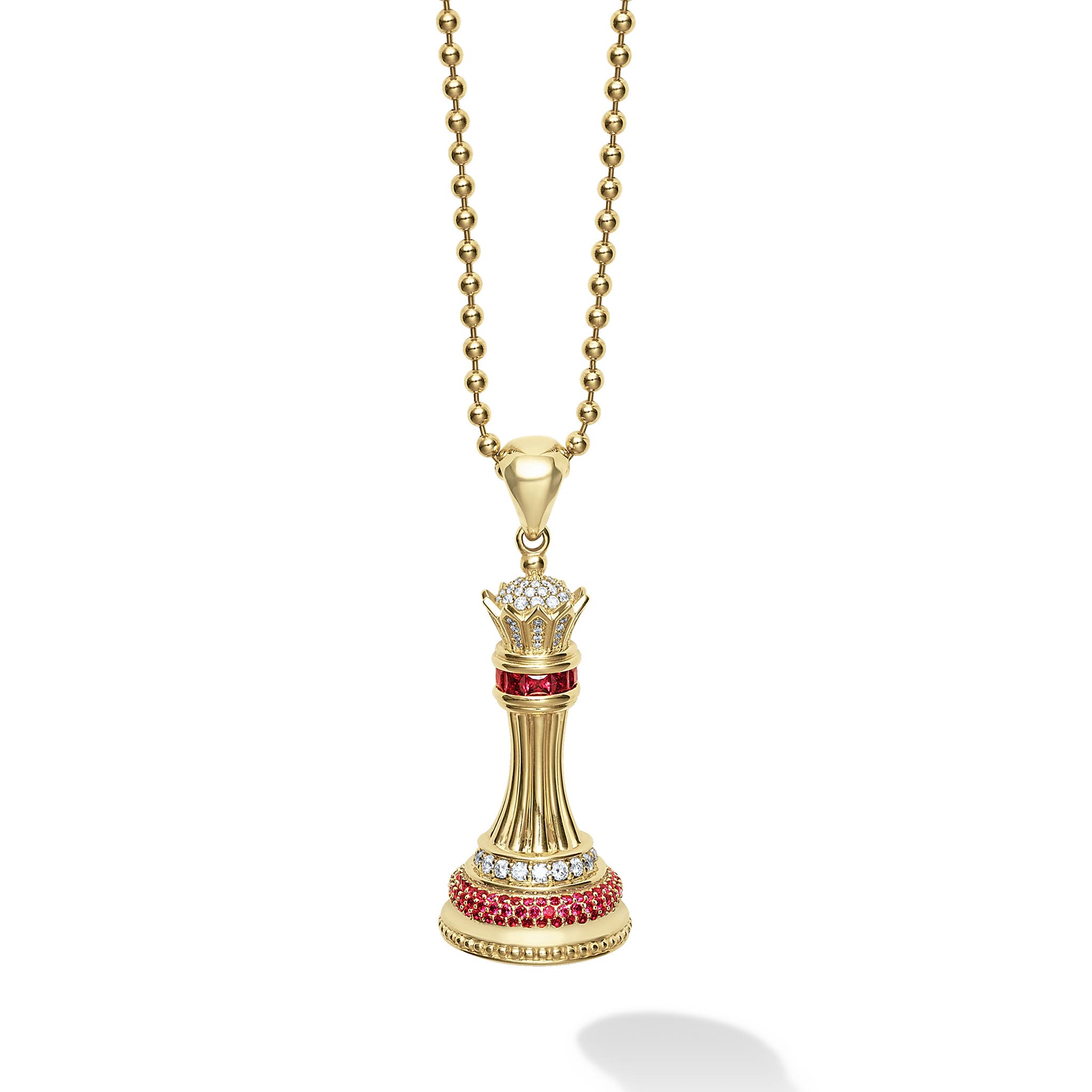 Rare Wonders Ruby and Diamond Queen Pendant Necklace featuring 18K gold, rubies and diamonds on a ball chain, resembling a gem-studded column.