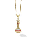 Rare Wonders Ruby and Diamond Queen Pendant Necklace featuring 18K gold, rubies and diamonds on a ball chain, resembling a gem-studded column.