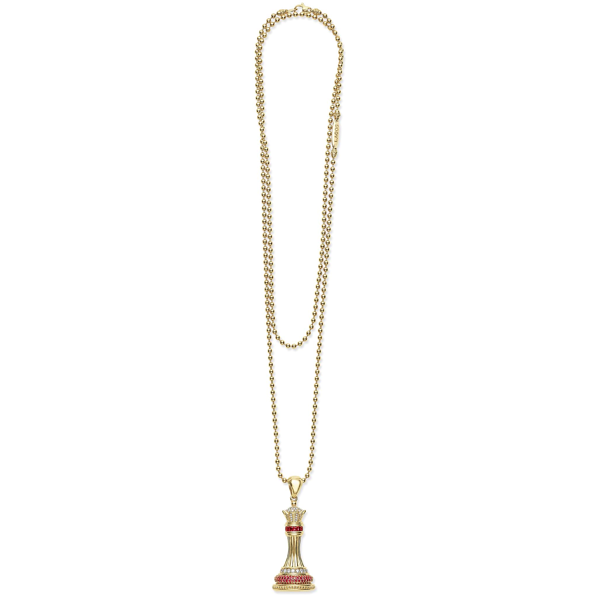 Rare Wonders Ruby and Diamond Queen Pendant Necklace featuring an 18K gold beaded chain, adorned with ruby and diamonds, showcasing LAGOS craftsmanship.