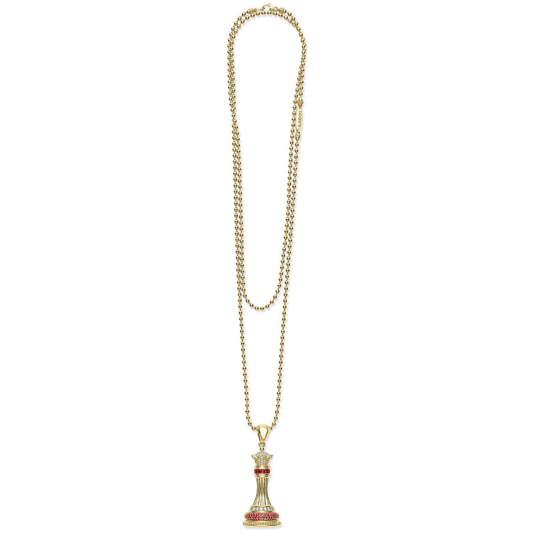 Rare Wonders Ruby and Diamond Queen Pendant Necklace featuring an 18K gold beaded chain, adorned with ruby and diamonds, showcasing LAGOS craftsmanship.