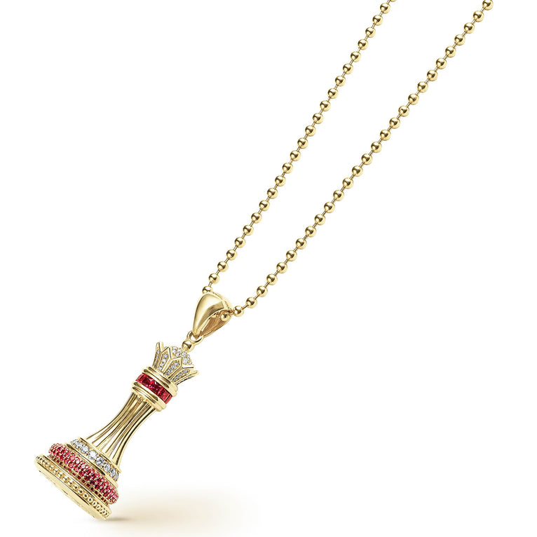 Rare Wonders Ruby and Diamond Queen Pendant Necklace in 18K gold, featuring a detailed chess-piece pendant adorned with rubies and diamonds, reflecting LAGOS craftsmanship.