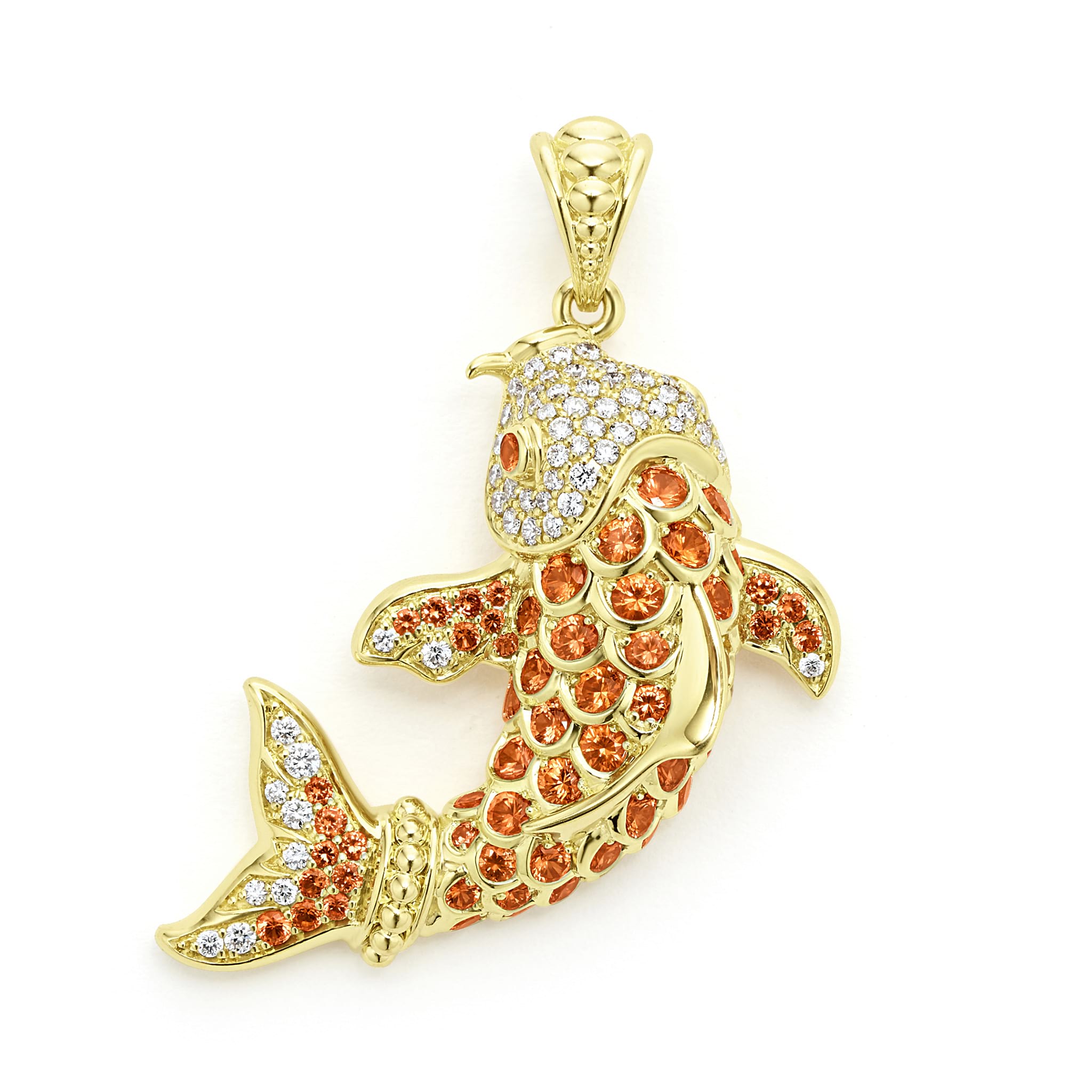 Pave diamonds and orange sapphire set against 18K Caviar Gold form this captivating piece. The body is adorned with sparking diamonds, adding an exquisite brilliance to the intricate detailing.