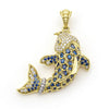 Pave Diamonds and Blue Sapphire set against 18K Caviar Gold form this captivating piece. The body is adorned with sparkling diamonds, adding an exquisite brilliance to the intricate detailing. Vibrant blue sapphires shimmer along the pendant.