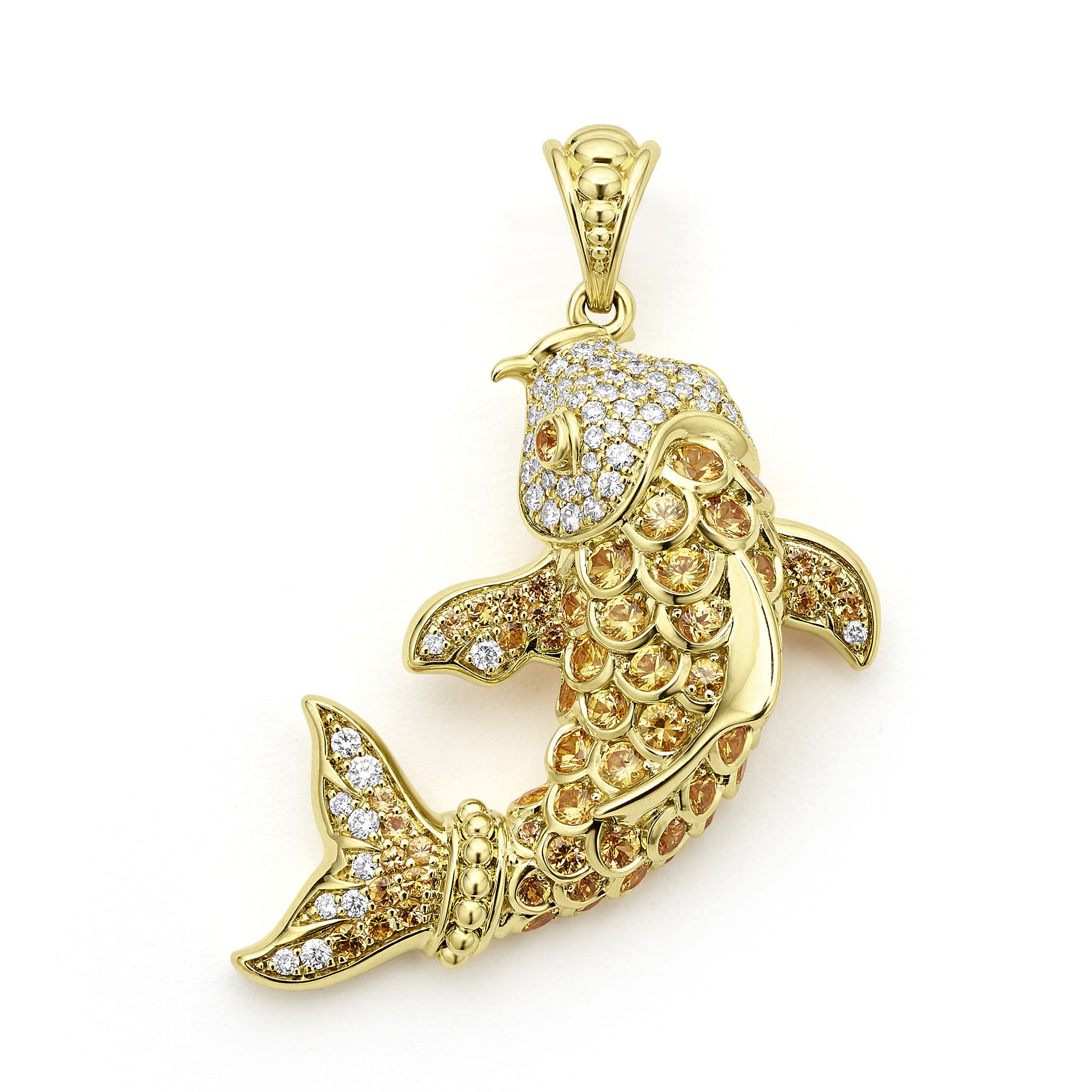 Pave Diamonds and Yellow Sapphire set against 18K Caviar Gold form this captivating piece. The body is adorned with sparkling diamonds, adding an exquisite brilliance to the intricate detailing. Vibrant yellow sapphires shimmer along the pendant.