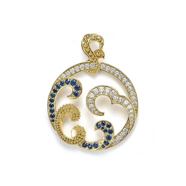 This captivating pendant features stunning blue sapphire set against curved waves of luxurious 18k gold. Sparkling diamonds accentuate this elegant design. Perfect for adding a pop of color and a touch of luxury to any ensemble.