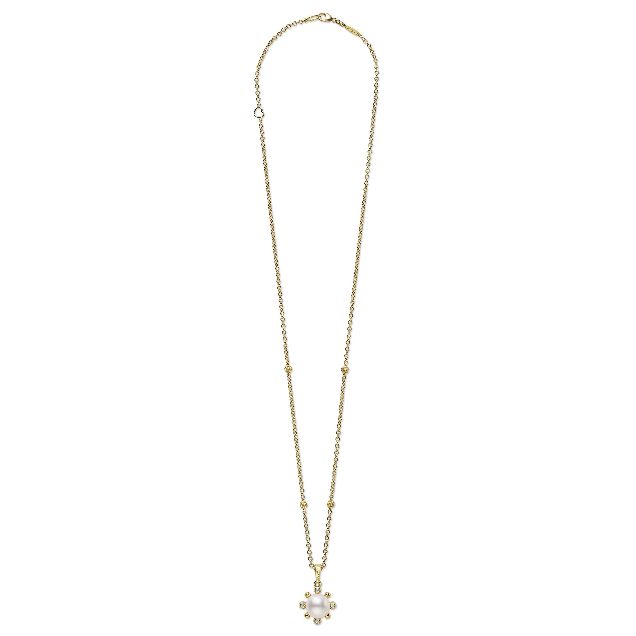 Full view of 18K Gold Fleur Pearl Diamond Pendant Necklace