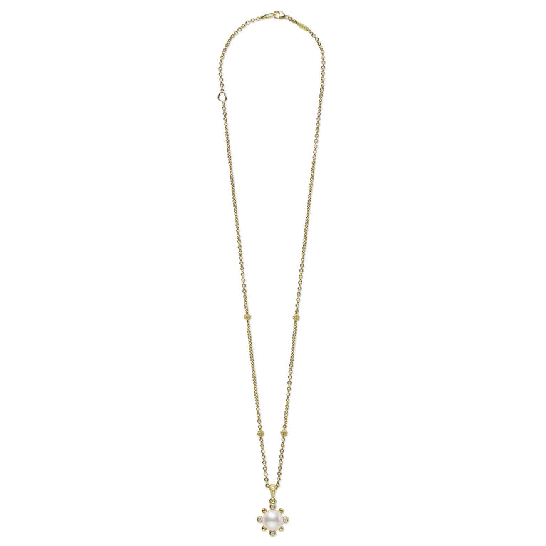 Full view of 18K Gold Fleur Pearl Diamond Pendant Necklace