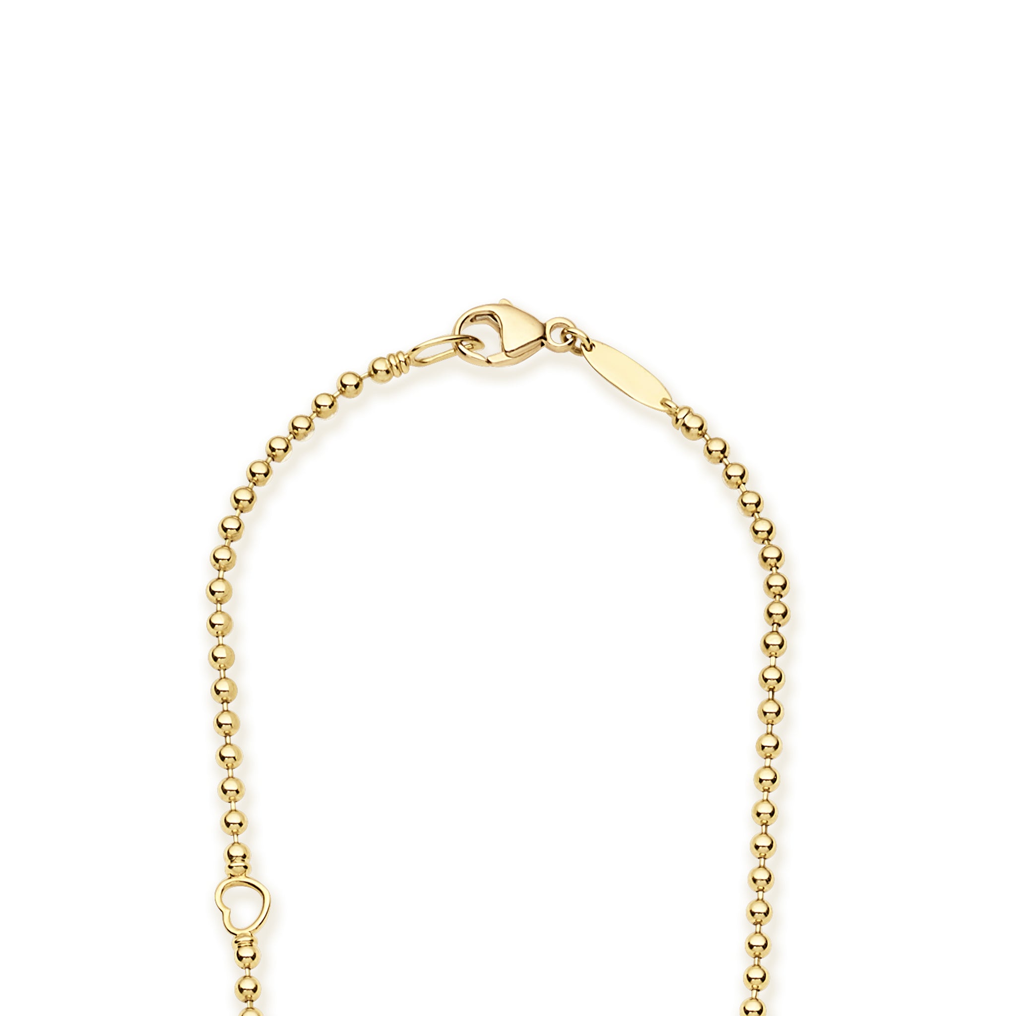 Gold beaded necklace with a lobster clasp on a white background