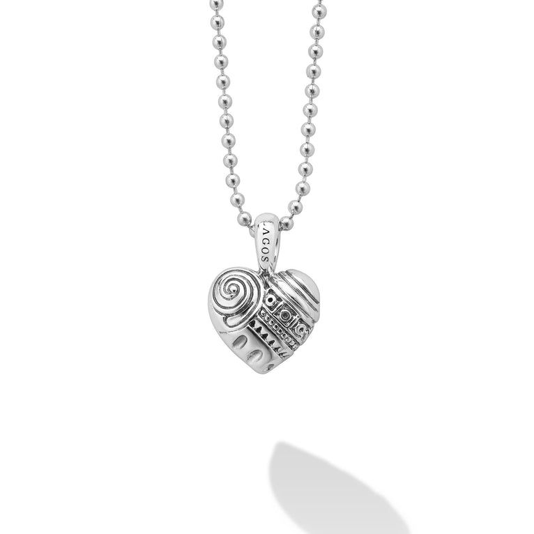Hearts of LAGOS Silver Heart of Philadelphia Pendant Necklace: Sterling silver ball-chain necklace with a sculpted heart pendant, featuring textured spiral, ribbed lines, and dot patterns.