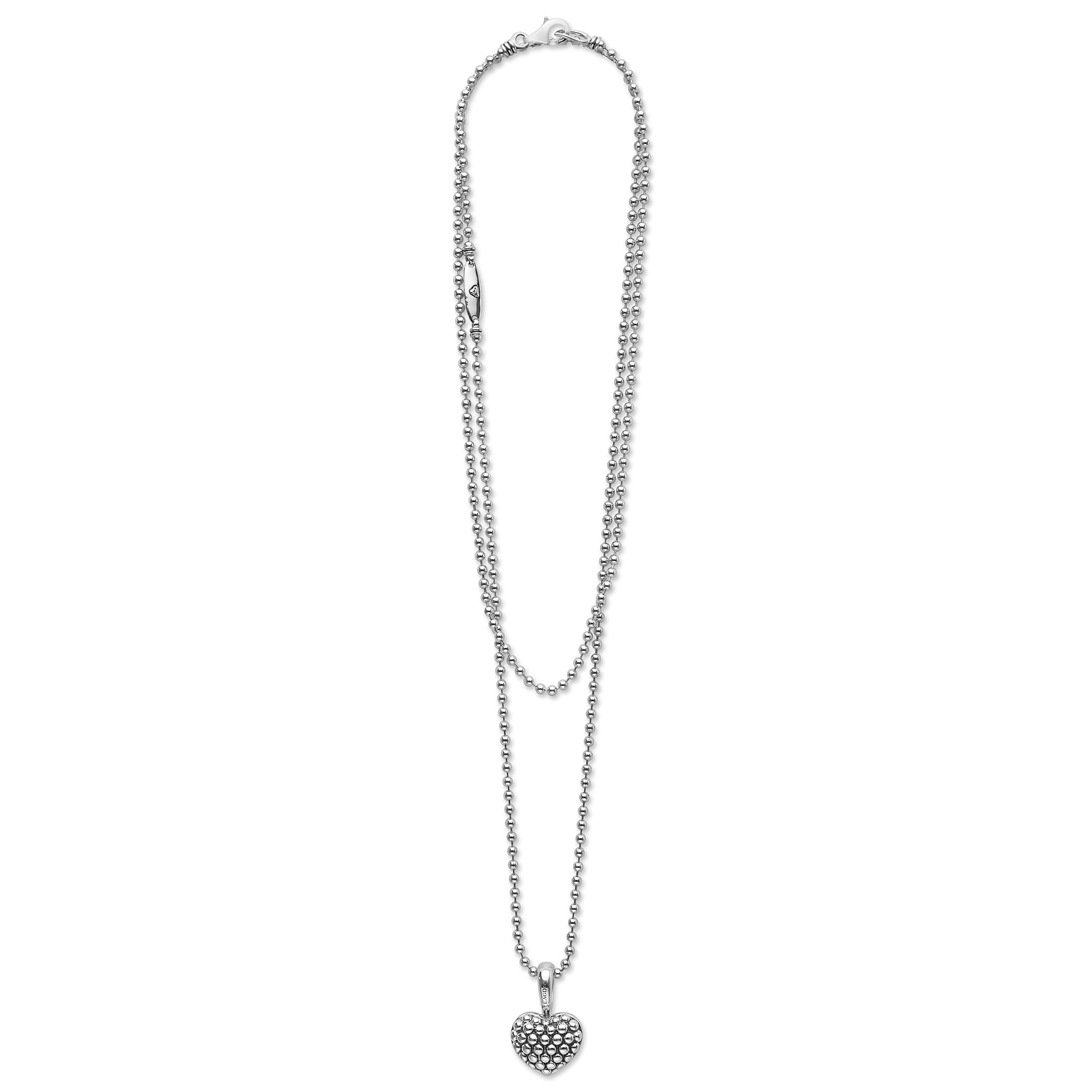Full view of Silver Caviar Beaded Heart Pendant Long Necklace