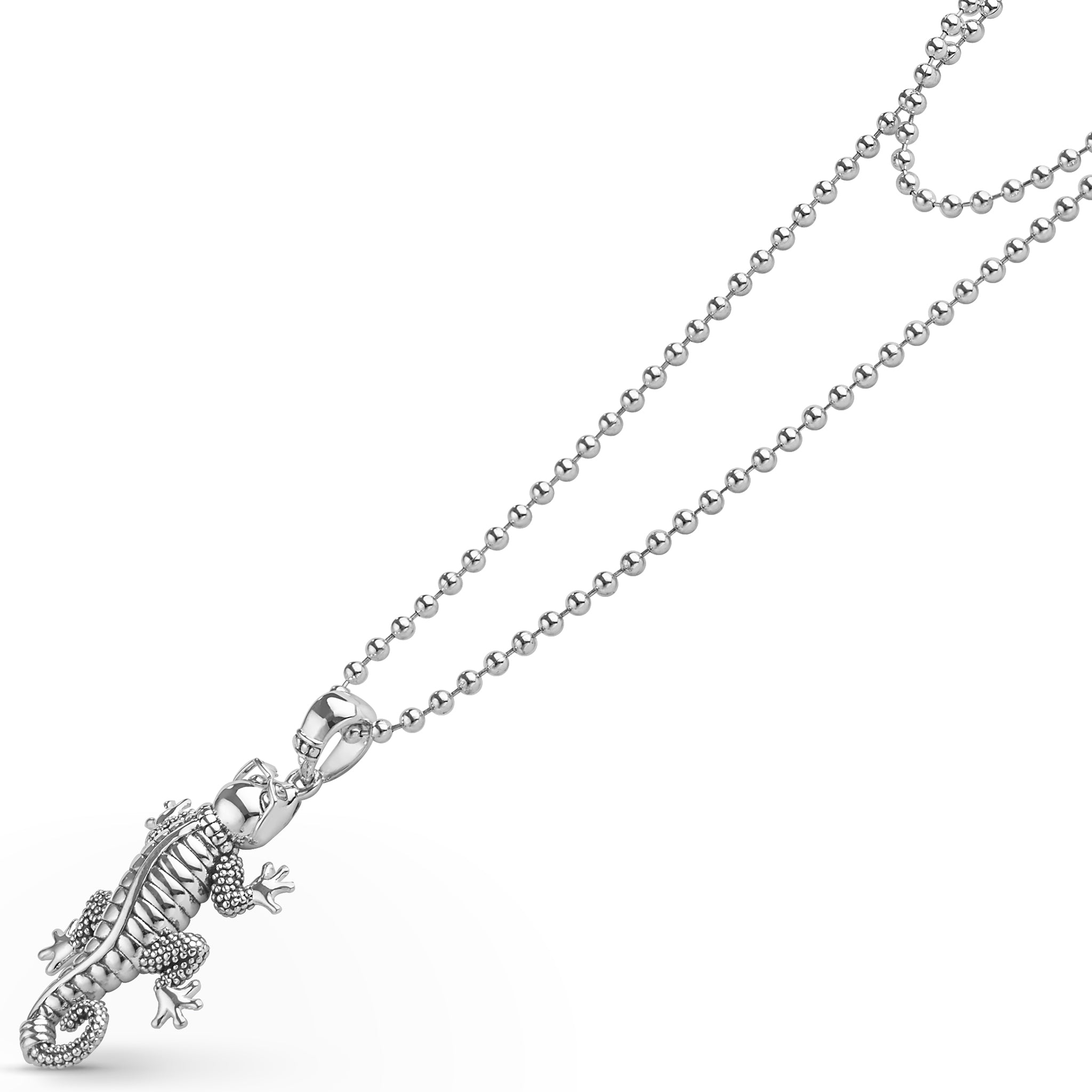 Silver gecko  pendant on a chain against a white background