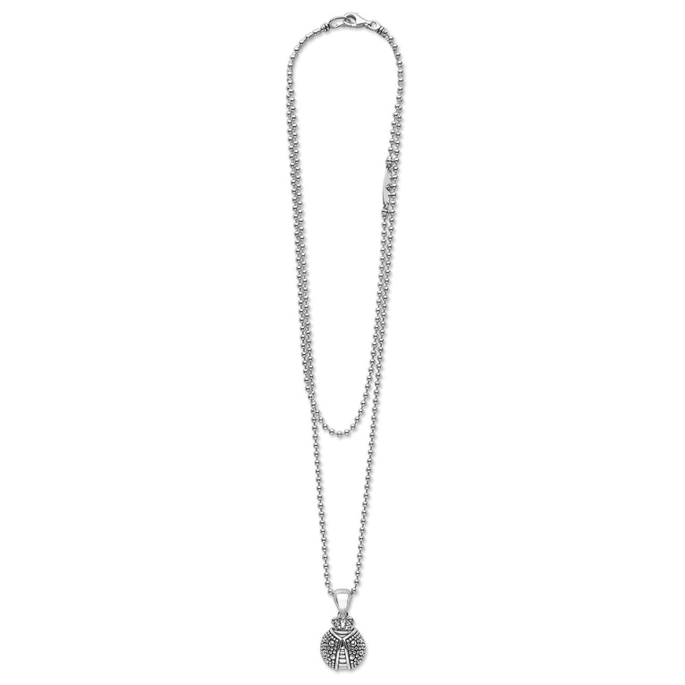 Rare Wonders Silver Ladybug Pendant Necklace in sterling silver features a delicate ladybug with signature Caviar beading on a dual-strand ball chain, showcasing LAGOS craftsmanship.