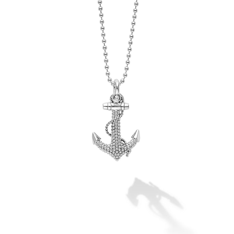 Signature Caviar Sterling Silver Anchor Pendant Necklace with textured beading and rope detailing on a ball-chain, stamped with LAGOS, reflecting refined craftsmanship.