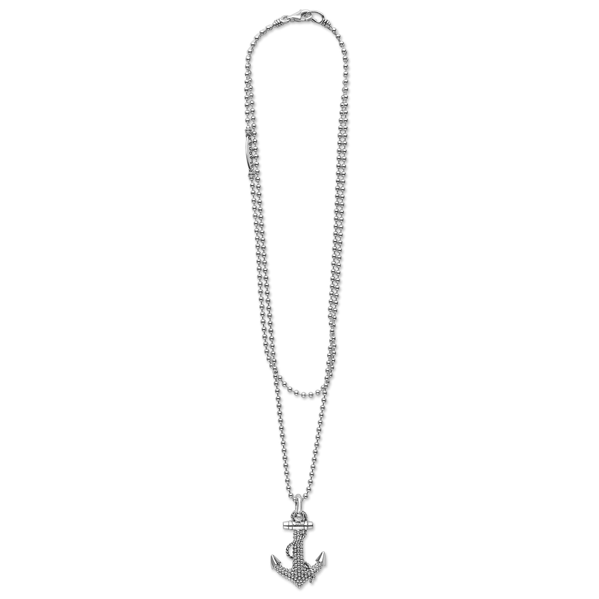 Signature Caviar Sterling Silver Anchor Pendant Necklace featuring a detailed anchor with rope accents, suspended from a refined double-strand beaded chain with toggle clasp.