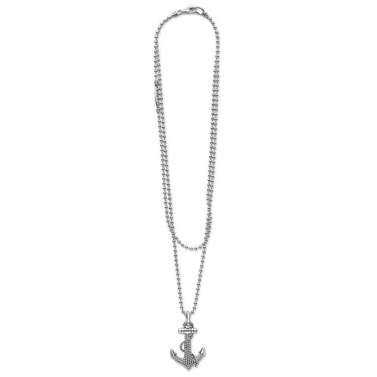 Signature Caviar Sterling Silver Anchor Pendant Necklace featuring a detailed anchor with rope accents, suspended from a refined double-strand beaded chain with toggle clasp.