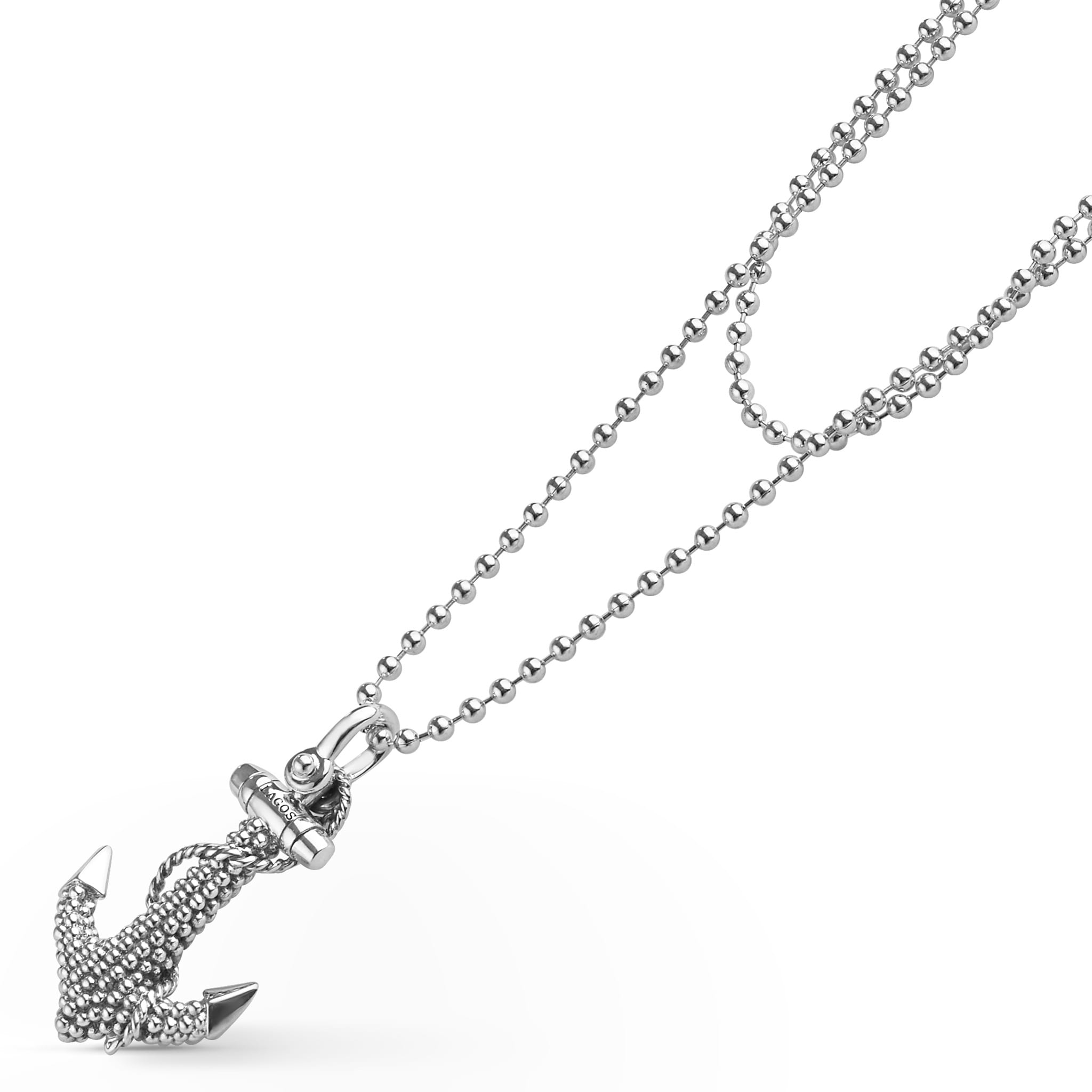 Signature Caviar Sterling Silver Anchor Pendant Necklace features a rope-textured anchor with spiked flukes on a sterling silver ball chain, showcasing refined craftsmanship.
