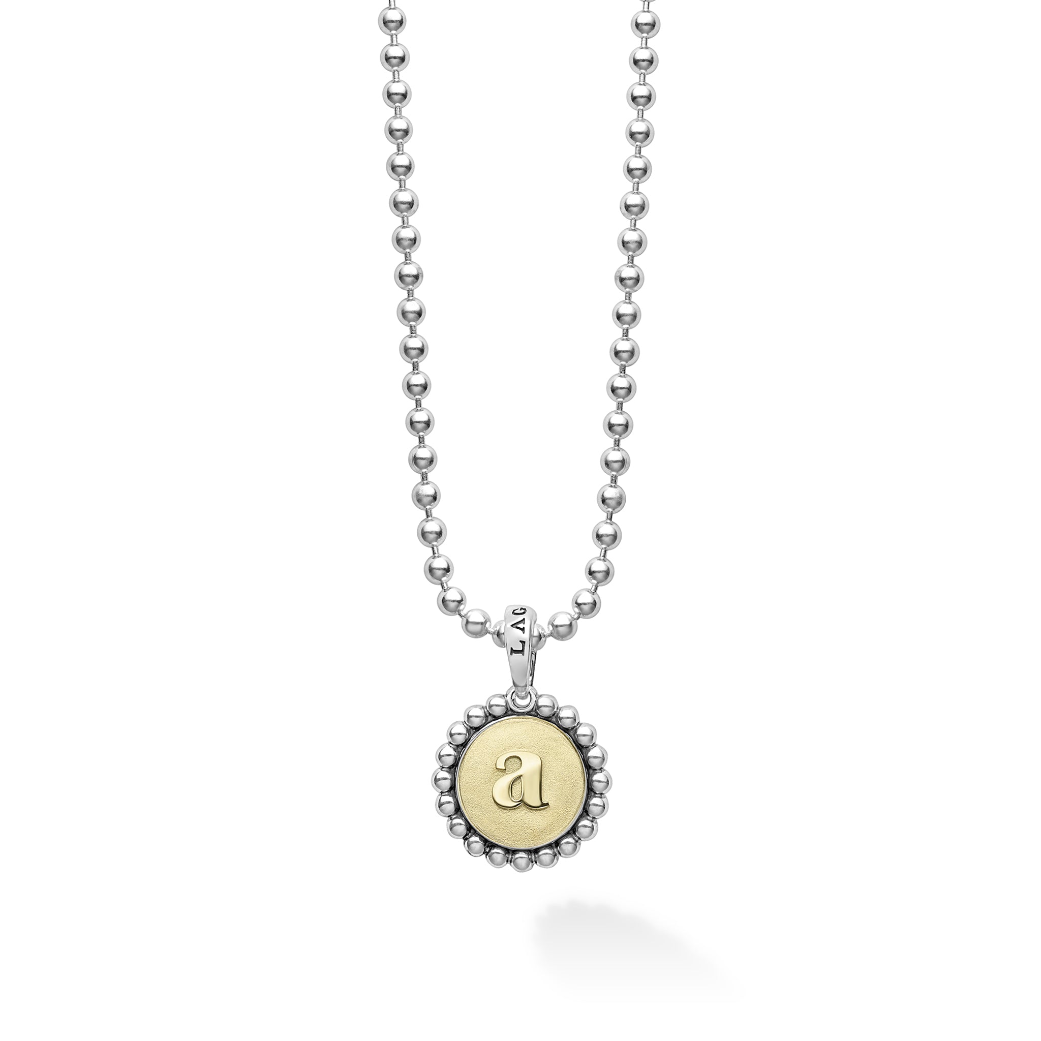 Signature Caviar A Initial Charm Necklace featuring an a initial in 18K gold, with sterling silver caviar beading, on a sleek ball-chain.