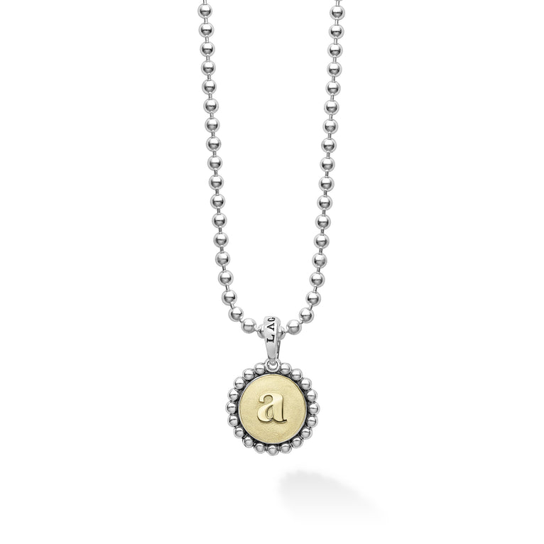 Signature Caviar A Initial Charm Necklace featuring an a initial in 18K gold, with sterling silver caviar beading, on a sleek ball-chain.