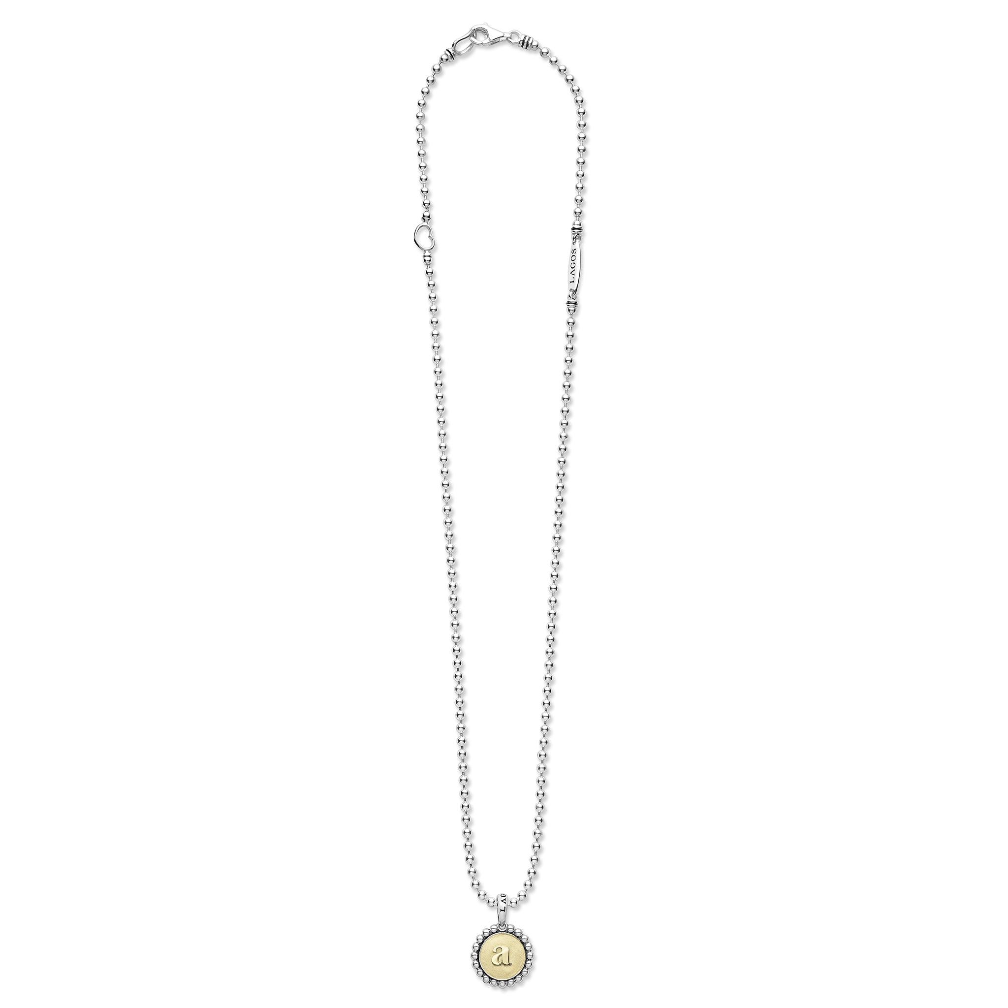 Signature Caviar A Initial Charm Necklace with sterling silver chain, 18K gold medallion, silver beads, and open-heart detail, featuring a lowercase “a” charm.