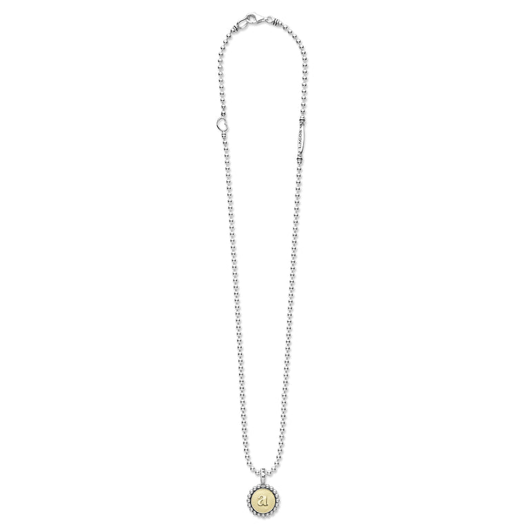 Signature Caviar A Initial Charm Necklace with sterling silver chain, 18K gold medallion, silver beads, and open-heart detail, featuring a lowercase “a” charm.