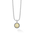 Signature Caviar B Initial Charm Necklace with a sterling silver ball chain and a two-tone pendant, featuring an embossed 18K gold “b” framed by caviar beading.
