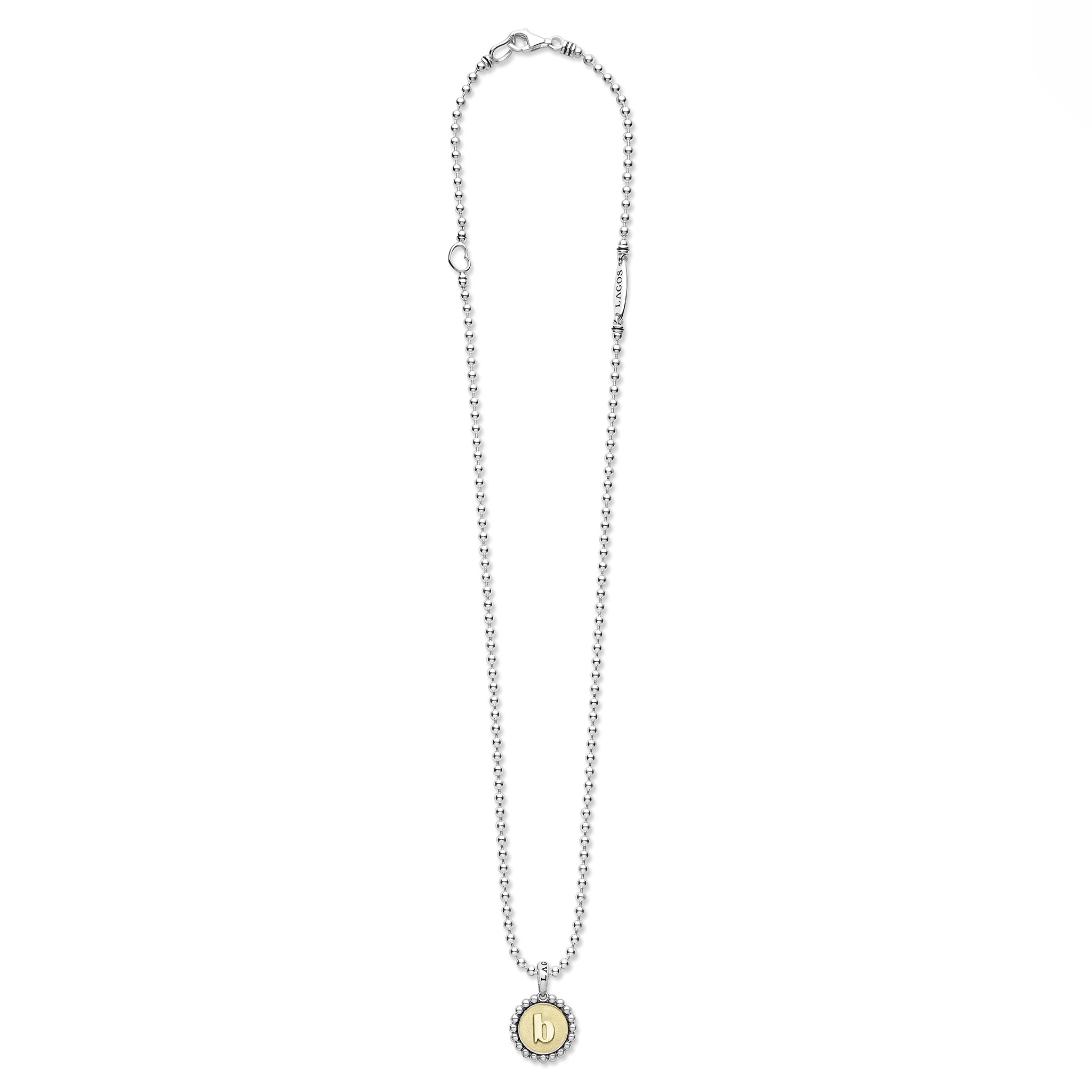 Signature Caviar B Initial Charm Necklace in sterling silver with an 18K gold center, featuring caviar beading and a sleek ball chain by LAGOS.