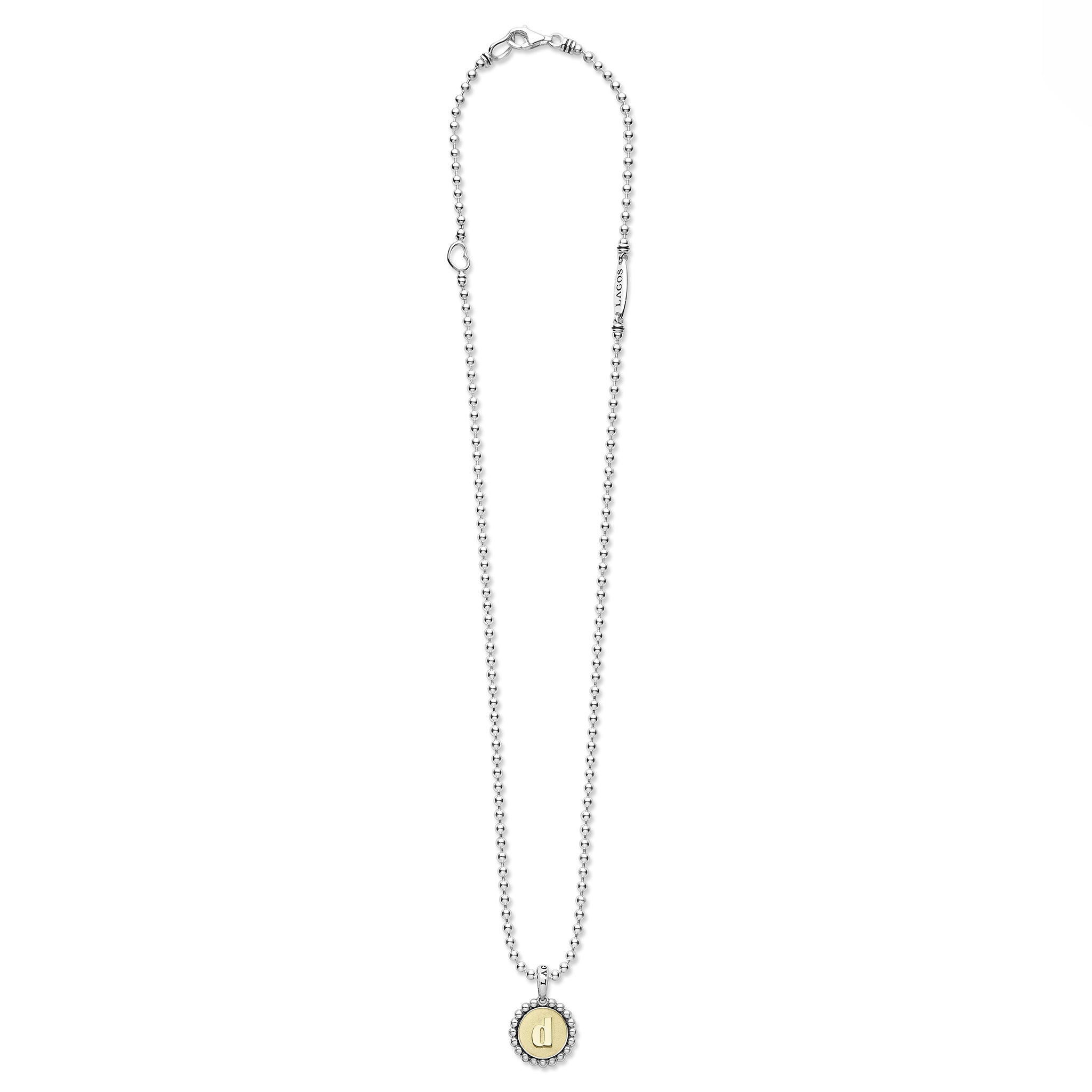Signature Caviar D Initial Charm Necklace by LAGOS, featuring a sterling silver ball chain, 18K gold d charm, heart link, and caviar beading.