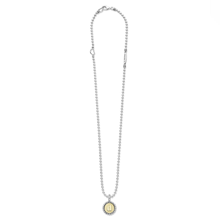 Signature Caviar D Initial Charm Necklace by LAGOS, featuring a sterling silver ball chain, 18K gold d charm, heart link, and caviar beading.