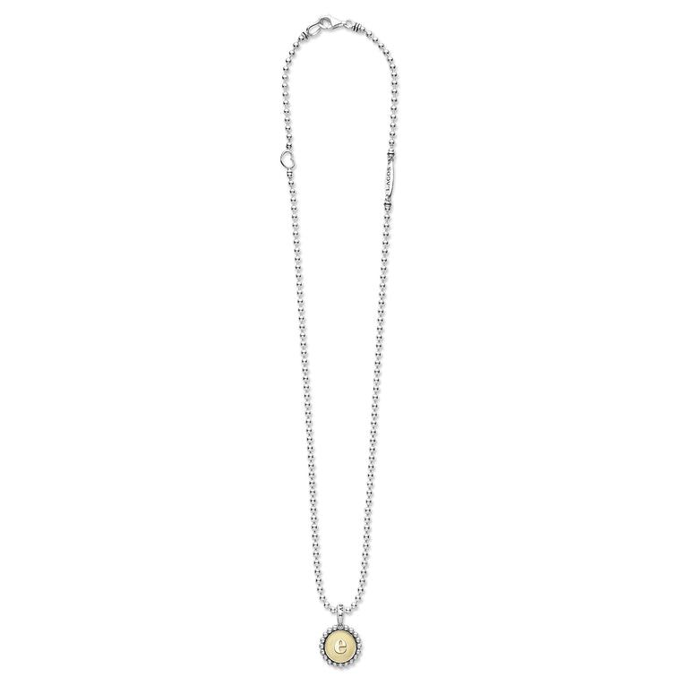 Signature Caviar E Initial Charm Necklace in sterling silver featuring an 18K gold e pendant on a ball chain with caviar beading and lobster clasp.