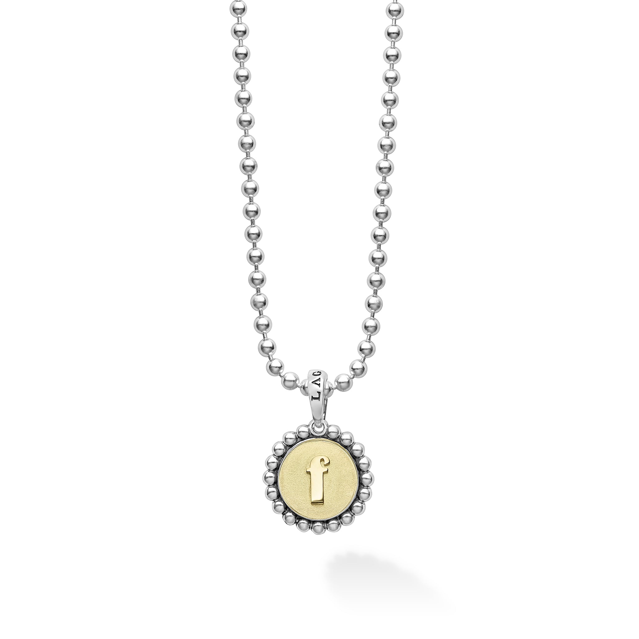 Signature Caviar F Initial Charm Necklace features a sterling silver ball chain and 18K gold medallion with an embossed f, set in a scalloped silver frame.