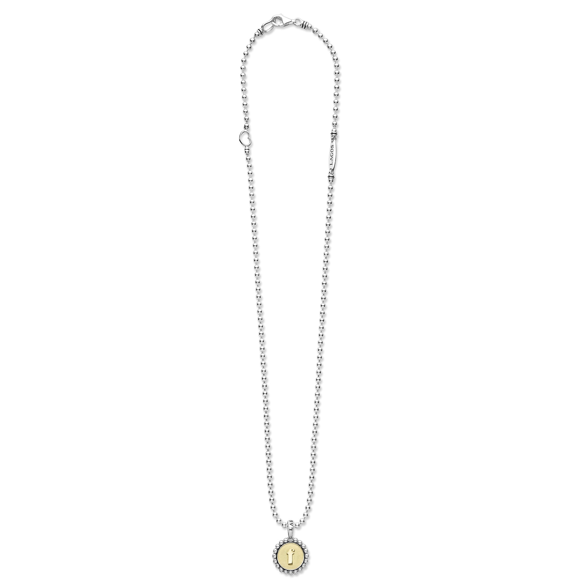 Signature Caviar F Initial Charm Necklace in sterling silver with an 18K gold medallion, featuring a scalloped beaded border and a lowercase i initial.