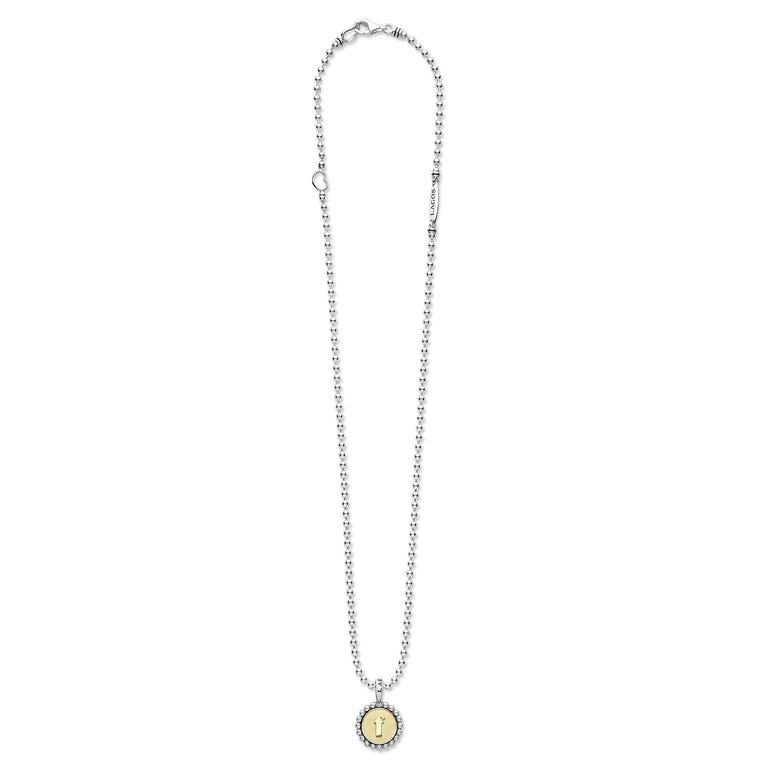 Signature Caviar F Initial Charm Necklace in sterling silver with an 18K gold medallion, featuring a scalloped beaded border and a lowercase i initial.