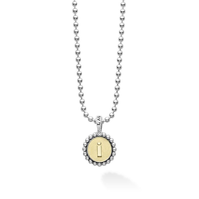 Signature Caviar I Initial Charm Necklace featuring a round two-tone pendant with I initial on a sterling silver ball chain, blending 18K gold and caviar beading.