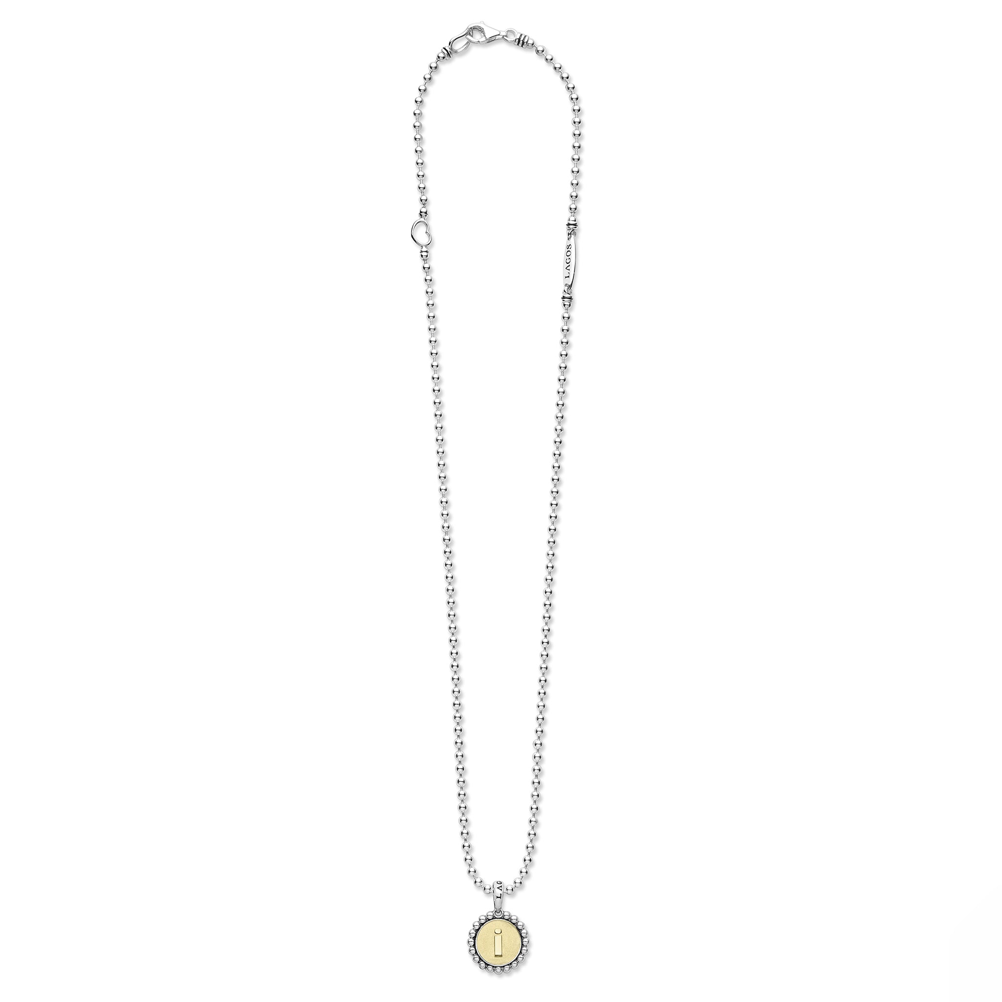 Signature Caviar I Initial Charm Necklace: sterling silver ball chain with an 18K gold disc pendant, featuring an embossed “i” and caviar beading border.