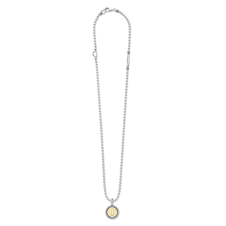 Signature Caviar L Initial Charm Necklace featuring a sterling silver ball chain, caviar beading, and a two-tone pendant with an 18K gold I initial and heart accent.
